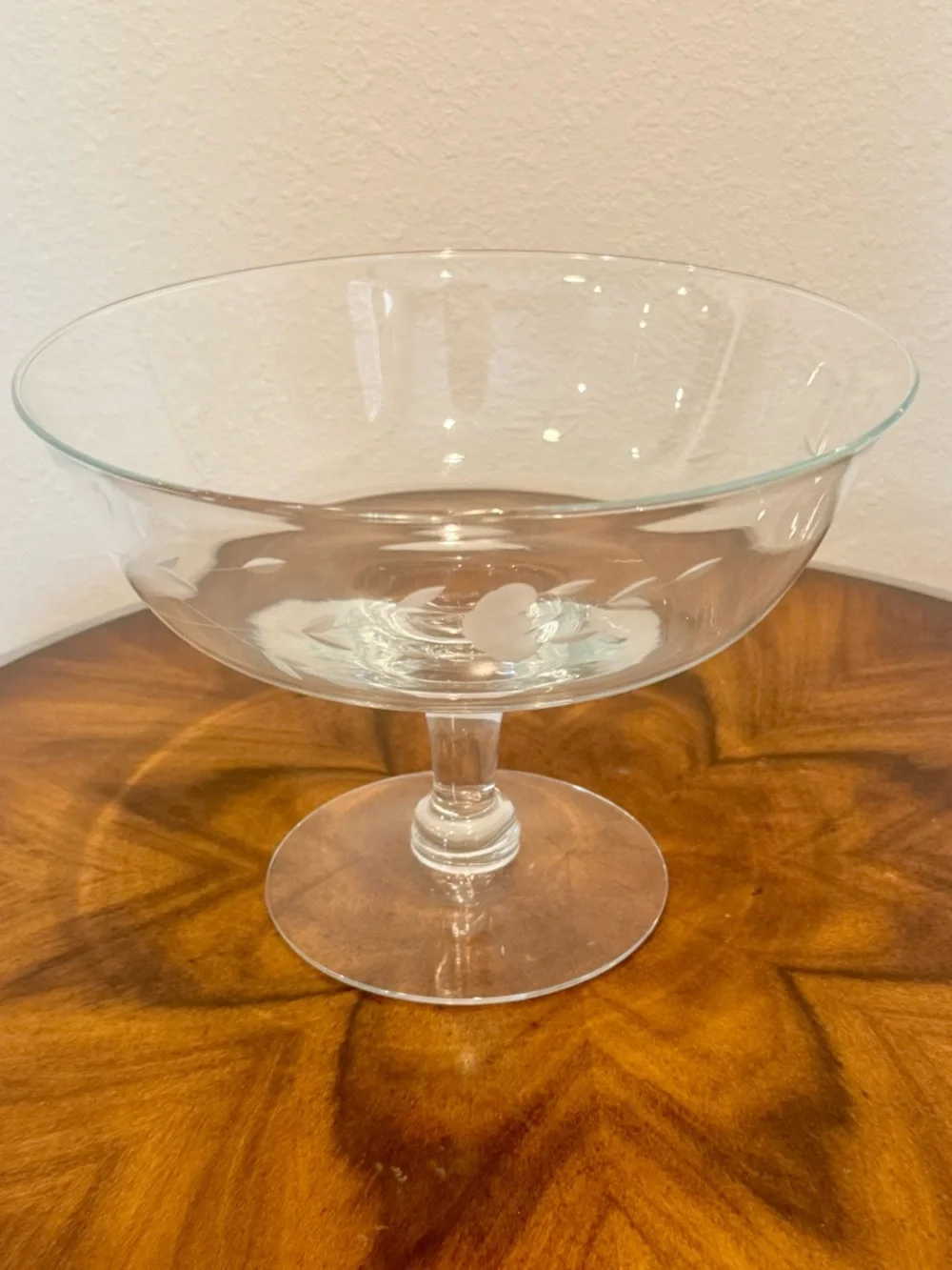 Princess House Heritage Clear Etched Glass Compote Bowl 9 5/8 X 7” Hand Blown